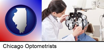female optometrist performing a sight test in Chicago, IL