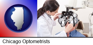 Chicago, Illinois - female optometrist performing a sight test
