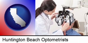 female optometrist performing a sight test in Huntington Beach, CA