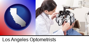 Los Angeles, California - female optometrist performing a sight test