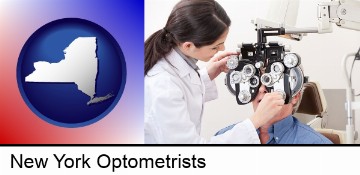 female optometrist performing a sight test in New York, NY