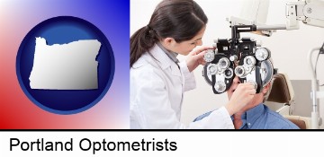 female optometrist performing a sight test in Portland, OR