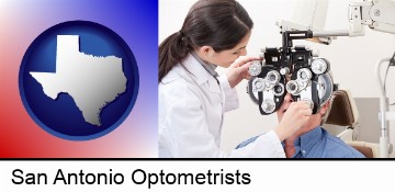 female optometrist performing a sight test in San Antonio, TX