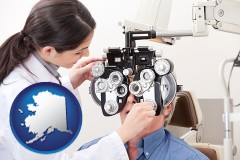 alaska map icon and female optometrist performing a sight test