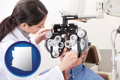 arizona map icon and female optometrist performing a sight test