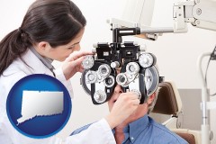 connecticut map icon and female optometrist performing a sight test