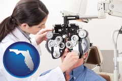 florida map icon and female optometrist performing a sight test