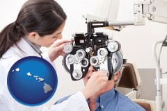hawaii map icon and female optometrist performing a sight test