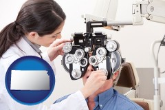 kansas map icon and female optometrist performing a sight test