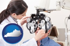 kentucky map icon and female optometrist performing a sight test