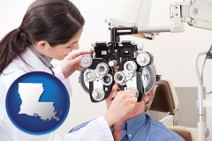 louisiana map icon and female optometrist performing a sight test