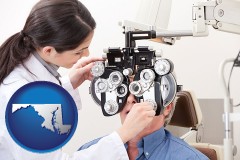 maryland map icon and female optometrist performing a sight test