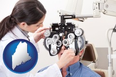 maine map icon and female optometrist performing a sight test