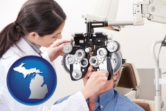 michigan map icon and female optometrist performing a sight test