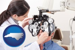 north-carolina map icon and female optometrist performing a sight test