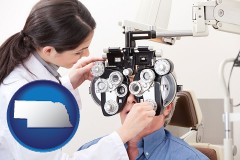 nebraska map icon and female optometrist performing a sight test
