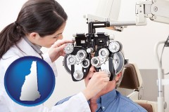 new-hampshire map icon and female optometrist performing a sight test
