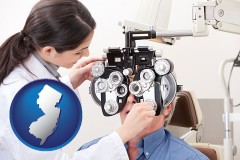 new-jersey map icon and female optometrist performing a sight test