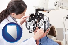 nevada map icon and female optometrist performing a sight test