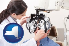 new-york map icon and female optometrist performing a sight test