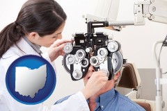 ohio map icon and female optometrist performing a sight test