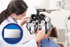 pennsylvania map icon and female optometrist performing a sight test