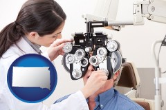south-dakota map icon and female optometrist performing a sight test