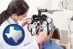 texas map icon and female optometrist performing a sight test