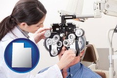 utah map icon and female optometrist performing a sight test