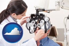 virginia map icon and female optometrist performing a sight test