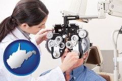 west-virginia map icon and female optometrist performing a sight test