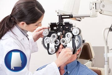 female optometrist performing a sight test - with Alabama icon