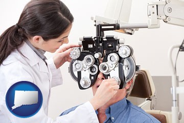 female optometrist performing a sight test - with Connecticut icon