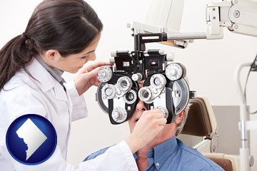female optometrist performing a sight test - with Washington, DC icon