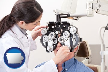 female optometrist performing a sight test - with Iowa icon