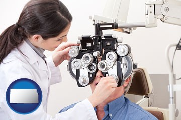 female optometrist performing a sight test - with Kansas icon