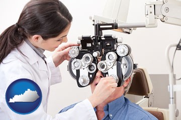 female optometrist performing a sight test - with Kentucky icon