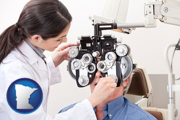 female optometrist performing a sight test - with Minnesota icon