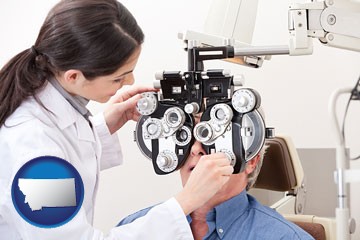 female optometrist performing a sight test - with Montana icon