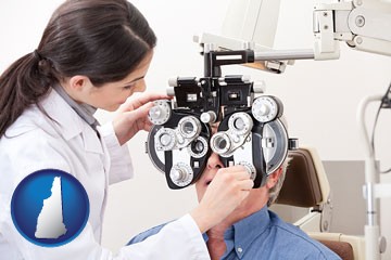 female optometrist performing a sight test - with New Hampshire icon