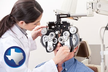 female optometrist performing a sight test - with Texas icon