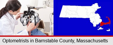 female optometrist performing a sight test; Barnstable County highlighted in red on a map