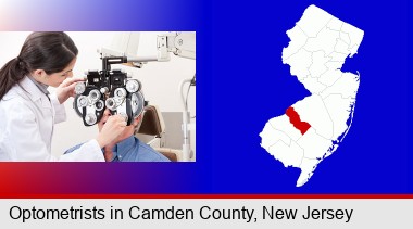 female optometrist performing a sight test; Camden County highlighted in red on a map