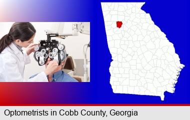 female optometrist performing a sight test; Cobb County highlighted in red on a map