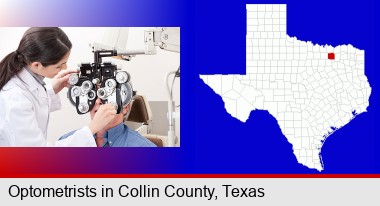 female optometrist performing a sight test; Collin County highlighted in red on a map