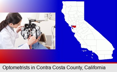 female optometrist performing a sight test; Contra Costa County highlighted in red on a map