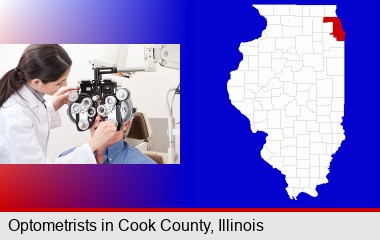 female optometrist performing a sight test; Cook County highlighted in red on a map