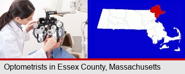female optometrist performing a sight test; Essex County highlighted in red on a map