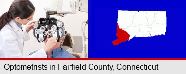 female optometrist performing a sight test; Fairfield County highlighted in red on a map