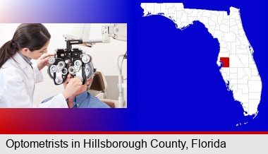 female optometrist performing a sight test; Hillsborough County highlighted in red on a map